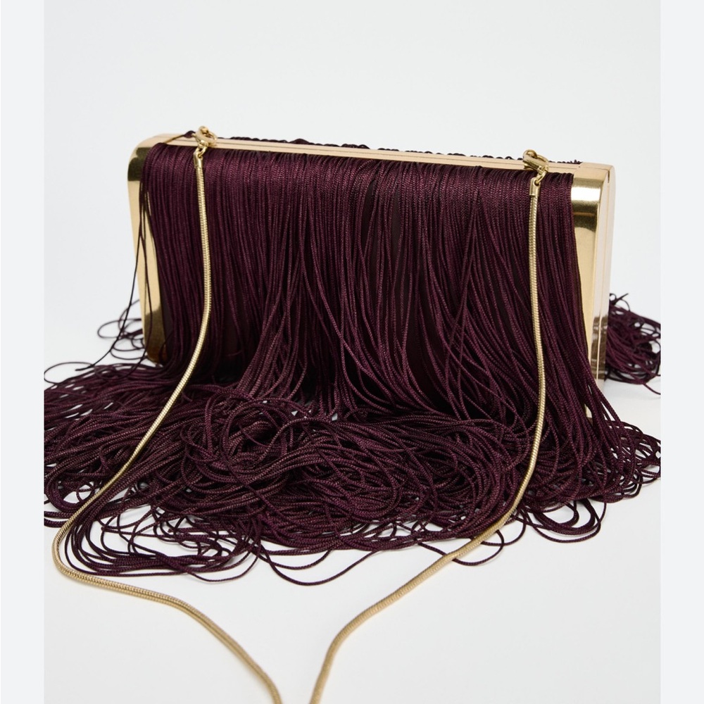 Zara NWT fringe clutch gold burgundy bag 6635/410 - Picture 5 of 8